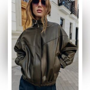 ZARA FAUX LEATHER HIGH COLLAR BOMBER JACKET